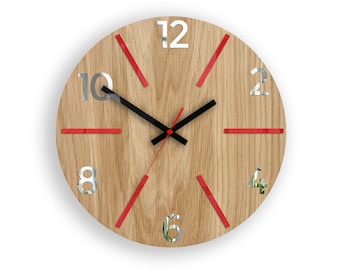 Wood clock, large wall clock, Wall Clock, Aksel red, gift, wall decor, Unique wall, OAK, clocks, Mirror Red