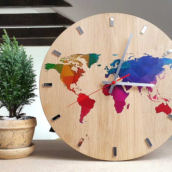 Large  Wall clock - OAK  13 in - World Map Wall Clock  - Wood clock - Colorfull Wall Clock - Modern Wall Clock - Geometric wall art - unique