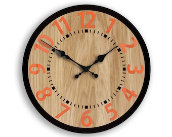 Wall clock - OAK  13 in - Berlin with numbers Orange  - Wood clock - Loft wall clock - Modern Wall Clock  Housewarming Gift