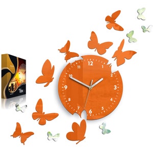 Orange wall clock Butterfly silent modern clock 14 pcs butterflay with mirror, clock with numbers, gift image 4