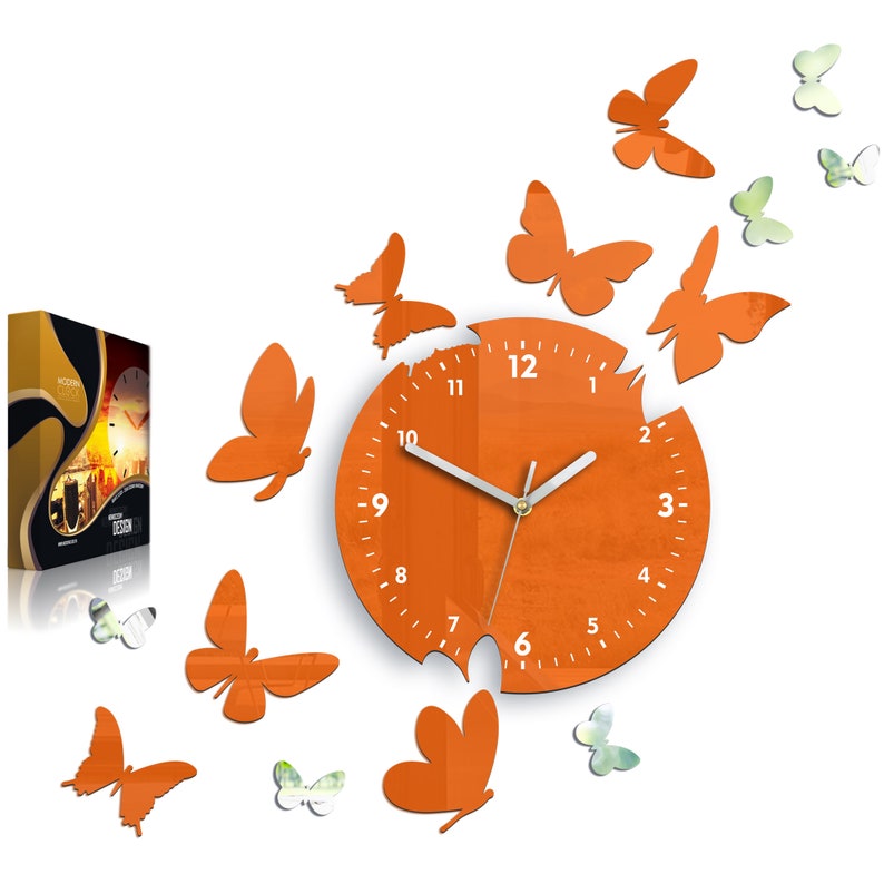 Orange wall clock Butterfly silent modern clock 14 pcs butterflay with mirror, clock with numbers, gift image 4