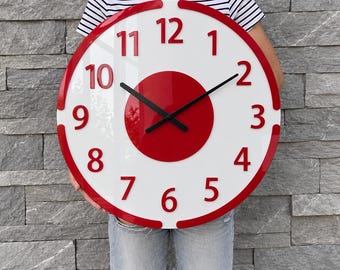 Rote Wanduhr, große Wanduhr (59 cm), Geschenkidee, moderne Küchenuhr, Wohnzimmeruhr, moderne Uhr