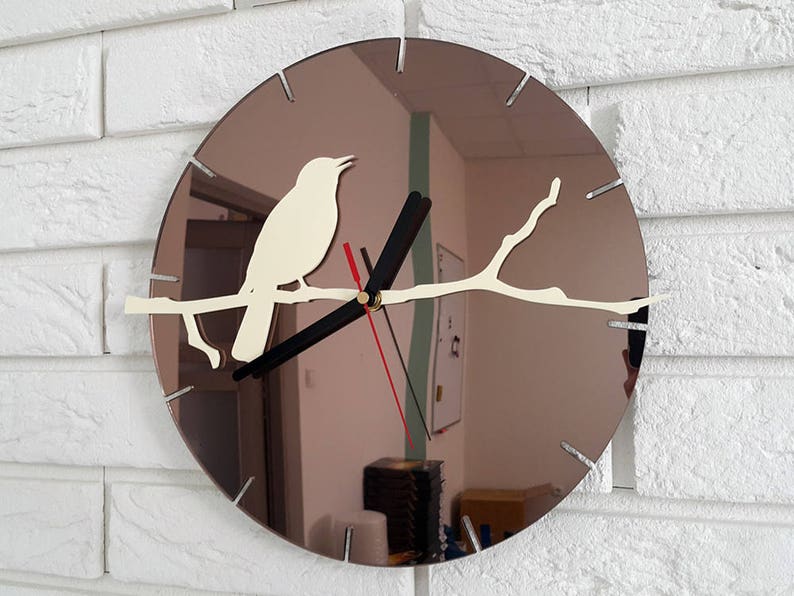Wall Clock Bird Brown MIRROR Large Wall Clock Gift Wall Decor Etsy