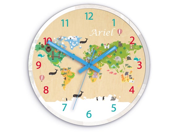 Reloj de pared infantil Mapamundi educativo con animales, reloj