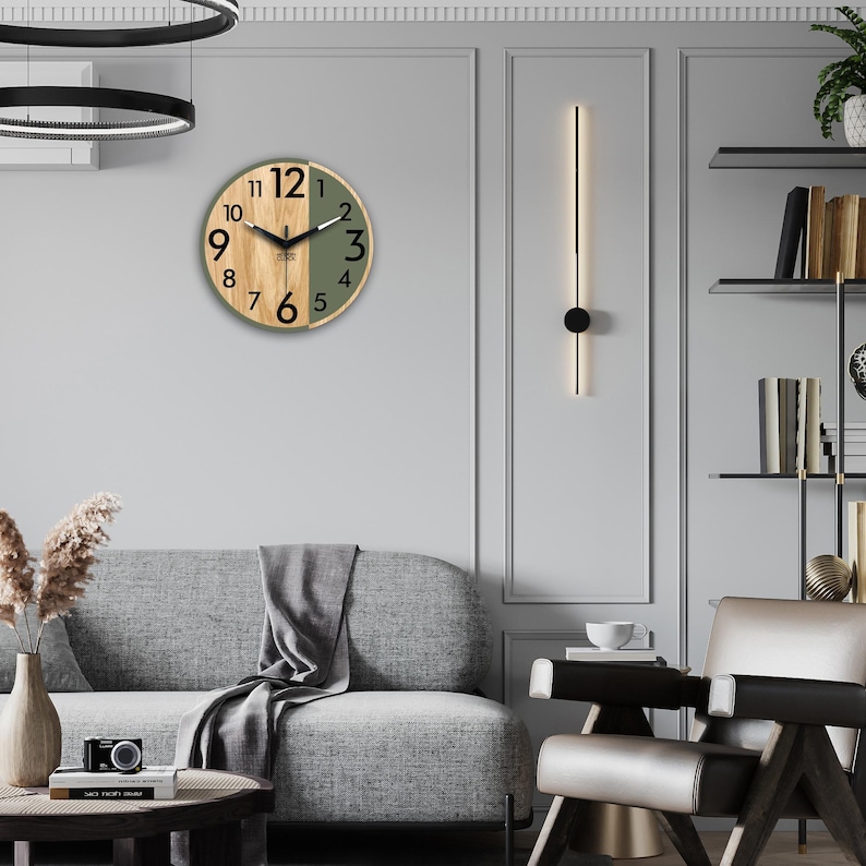 Dark Sage Olive Green Wall Clock With Oak Veneer | Modern Minimalist ...