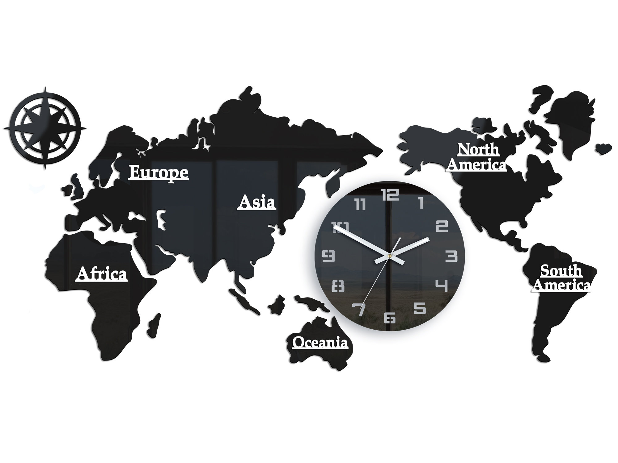 Large Wall Clock World Map Silent Black Clock With Numbers Etsy My