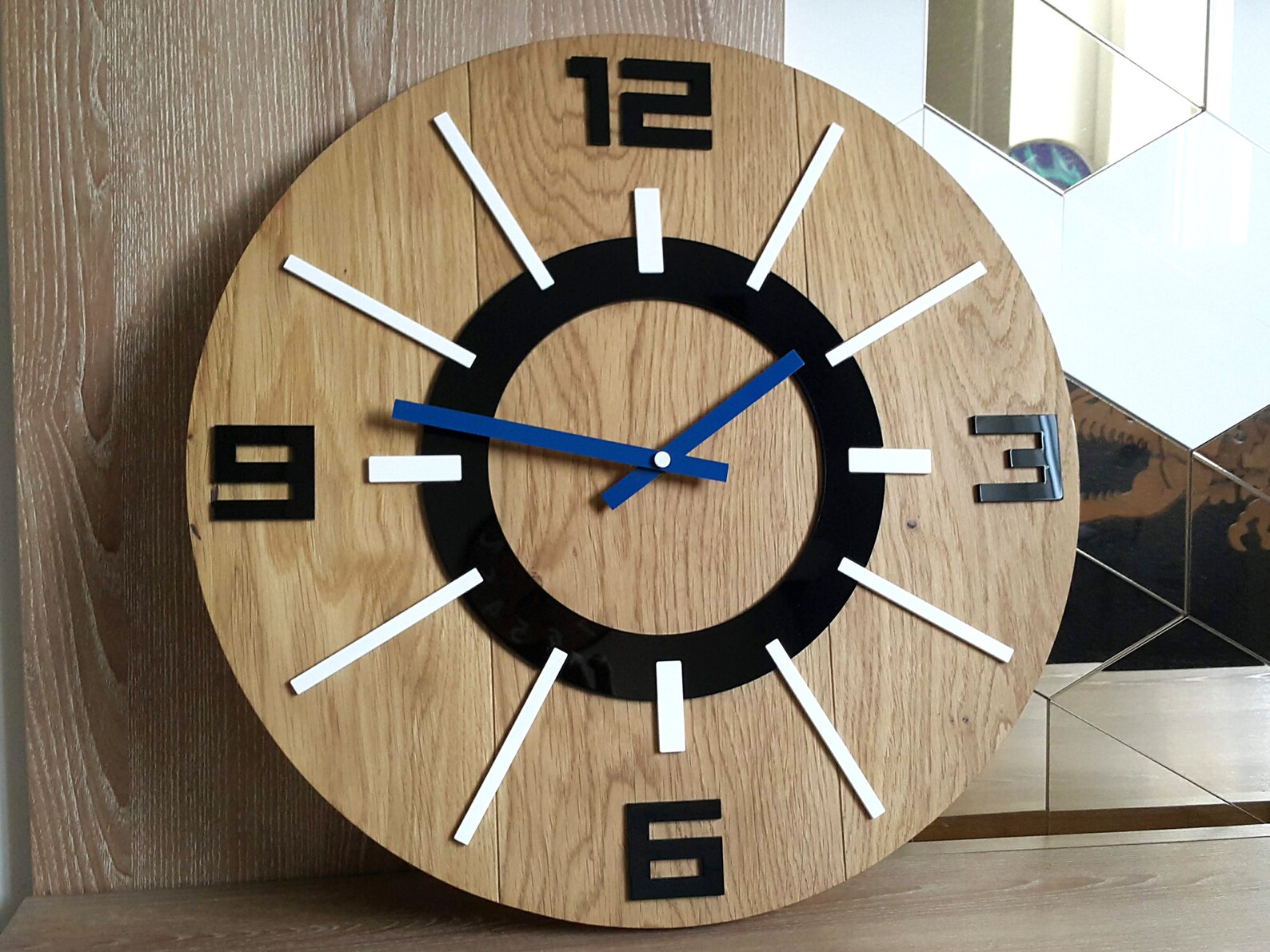 Large Wood Clock Alladyn , Clock With Black Numbers, Dark Blue Clock ...