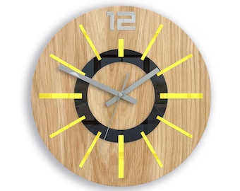 Reloj de pared grande - ROBLE 13 in - Nórdico amarillo - Reloj de madera - Arte de pared geométrico- ModernClock