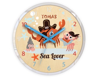 Children wall clock  pirate crab, Wood clock, Large wall clock , quiet clock personalized with a name and  ocean animals: crab shells shrimp