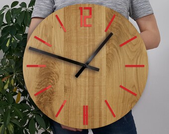 Große Holz Wanduhr, Eiche, 40cm, Geschenk, Einzigartige Wanduhr, Rote Uhr, Moderne Wanduhr, Silent Carlo Holz