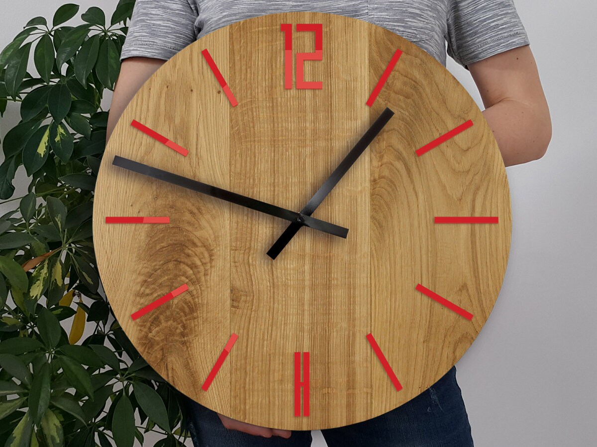 Large Wood Wall clock, OAK, 40cm, 15.75 , gift, Unique wall clock, Red