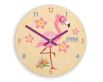 Relógio de parede infantil - flamingo com nome personalizado, relógio de madeira, flores, relógio com números, presente, relógio engraçado, relógio infantil, relógio de menina,
