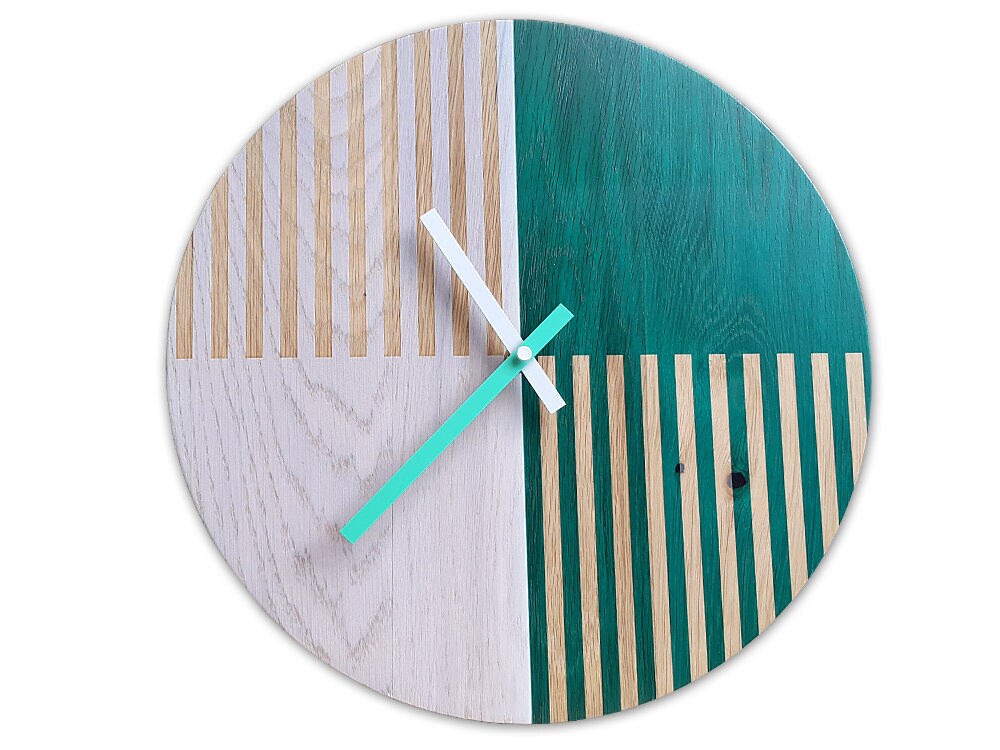 Wood Wall clock, OAK, White and blue stripes 13 inch, Unique wall clock