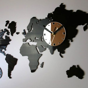 Wanduhr, WELTKARTEN schwarz und Ziffernblatt Spiegel, moderne Uhr, Geschenk, GROSSE Wanduhr