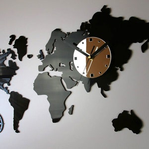 Wall Clock, WORLD MAPS black and clock face mirror, modern clock, gift,  LARGE wall clock