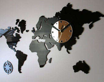 Wall Clock, WORLD MAPS black and clock face mirror, modern clock, gift,  LARGE wall clock