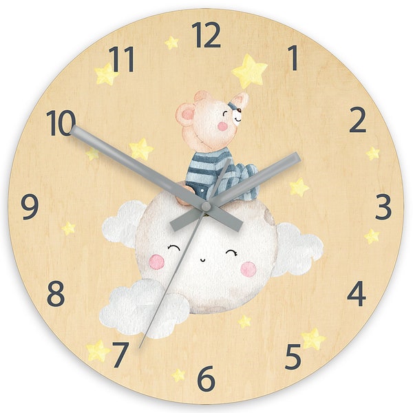 Horloge murale pour enfants - ours en peluche sur la lune et les étoiles avec nom personnalisé, horloge avec chiffres, cadeau, horloge pour enfants 30 cm / 11,81"