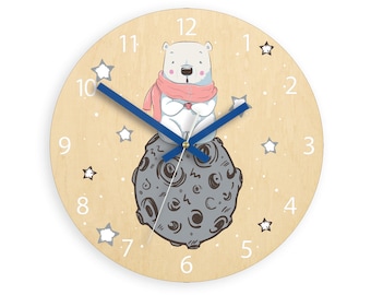 Nursery wall clock, Wood clock, , Bear clock, Illustrated Clock, Children wall clock,