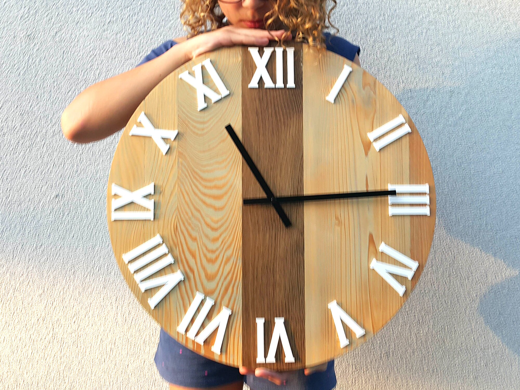 Large wall clock, Rustic OAK wall clock, Natural wood, White numbers