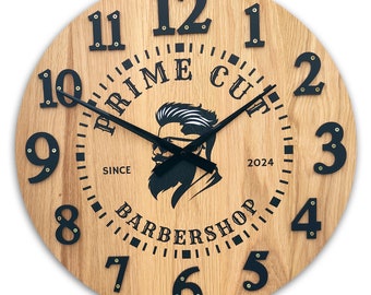 Barbershop Wall clock with logo. barber, Oak wood clock, Clock + personalization Your LOGO