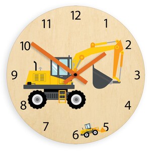 May include: A yellow and black construction vehicle clock with orange hands. The clock face has numbers 1 through 12. A smaller yellow construction vehicle is at the bottom of the clock face.