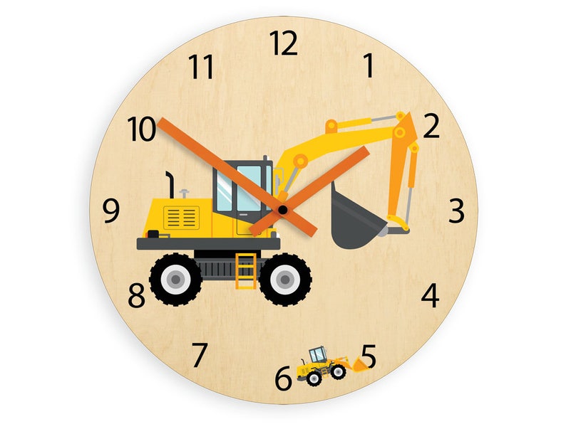 May include: A yellow and black construction vehicle clock with orange hands. The clock face has numbers 1 through 12. A smaller yellow construction vehicle is at the bottom of the clock face.