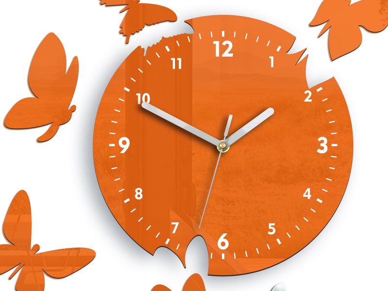 Orange wall clock Butterfly silent modern clock 14 pcs butterflay with mirror, clock with numbers, gift image 5
