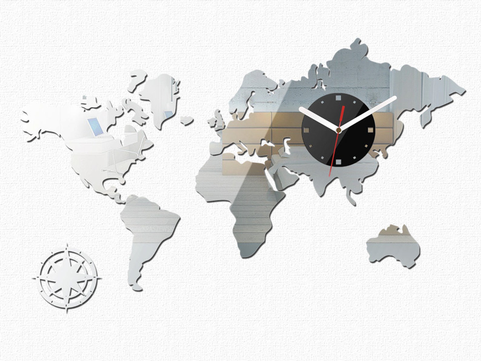 Wall Clock WORLD MAPS Silver Mirror modern clock gift wall Etsy