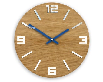 Wall Clock Wood clock large wall clock gift wall decor Unique wall OAK clocks  White navy blue