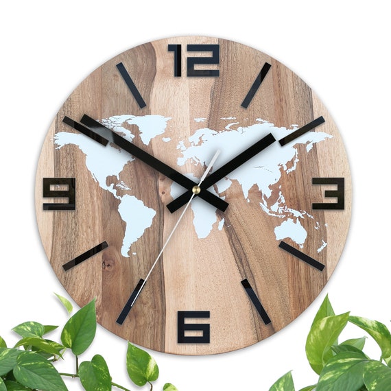 Nussbaum Holz Wanduhr mit Weltkarte Stille Moderne Große Wanduhr