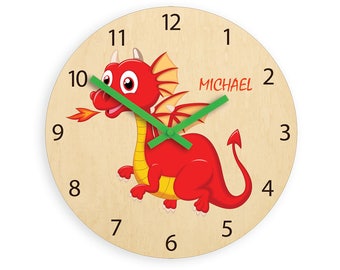 Children wall clock - dragon with personalizen name, wooden clock,  clock with numbers, gift, funny clock, kids clock, boy clock,