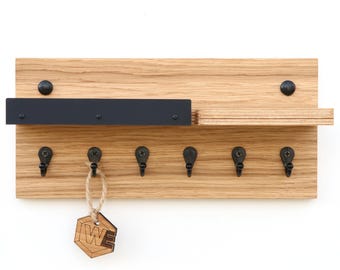 Wand Schlüsselhalter Eiche Furnier mit Ablage - Modernes Schlüsselbrett aus Holz mit Haken