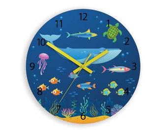 Horloge murale pour enfants - Horloge océanique éducative, horloge en bois, grande horloge murale, requin, tortue, méduse, horloge de mer, poisson