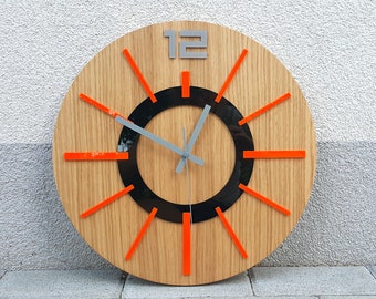 Große Wanduhr - EICHE 40cm - Orange Nordic - Holzuhr - Geometrische Wandkunst - ModernClock