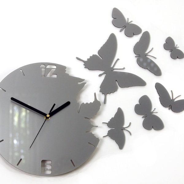 Wall Clock, BUTTERFLY metalic alluminium, Modern clock ,large wall clock, Unique wall clocks gift