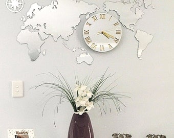 Large wall clock World Map Mirror with Gold numbers and clock hands  110cm x 55cm / 43,31" x 21.65"