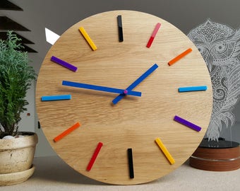 Large  Wall clock - OAK  13 in  - Wood clock - Colorfull Wall Clock - Modern Wall Clock - Geometric wall art - unique wall clock