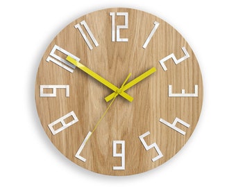 Einzigartige Wanduhr, Geschenk Uhr, Ungewöhnliche Wanduhr, Moderne Uhr, Holzuhr, Abstrakter Stil, Industrielles Dekor, Slim_wood_Yellow