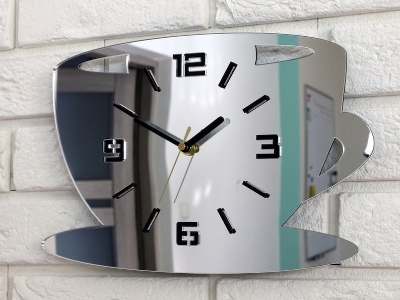 Kitchen Clock Large Wall Clock Silver Mirror Clock Cup Etsy