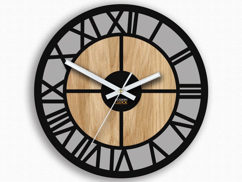 Large Wood Clock Loft Wall Clock Black and Gray Clock Etsy