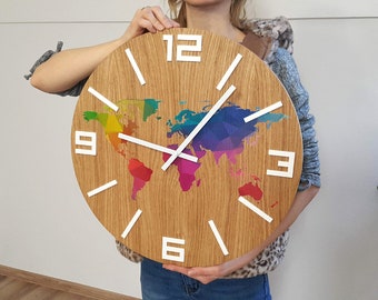 Large  World Map,  Wood Silent Modern clock with numbers 49cm / 19,29" Oak clock