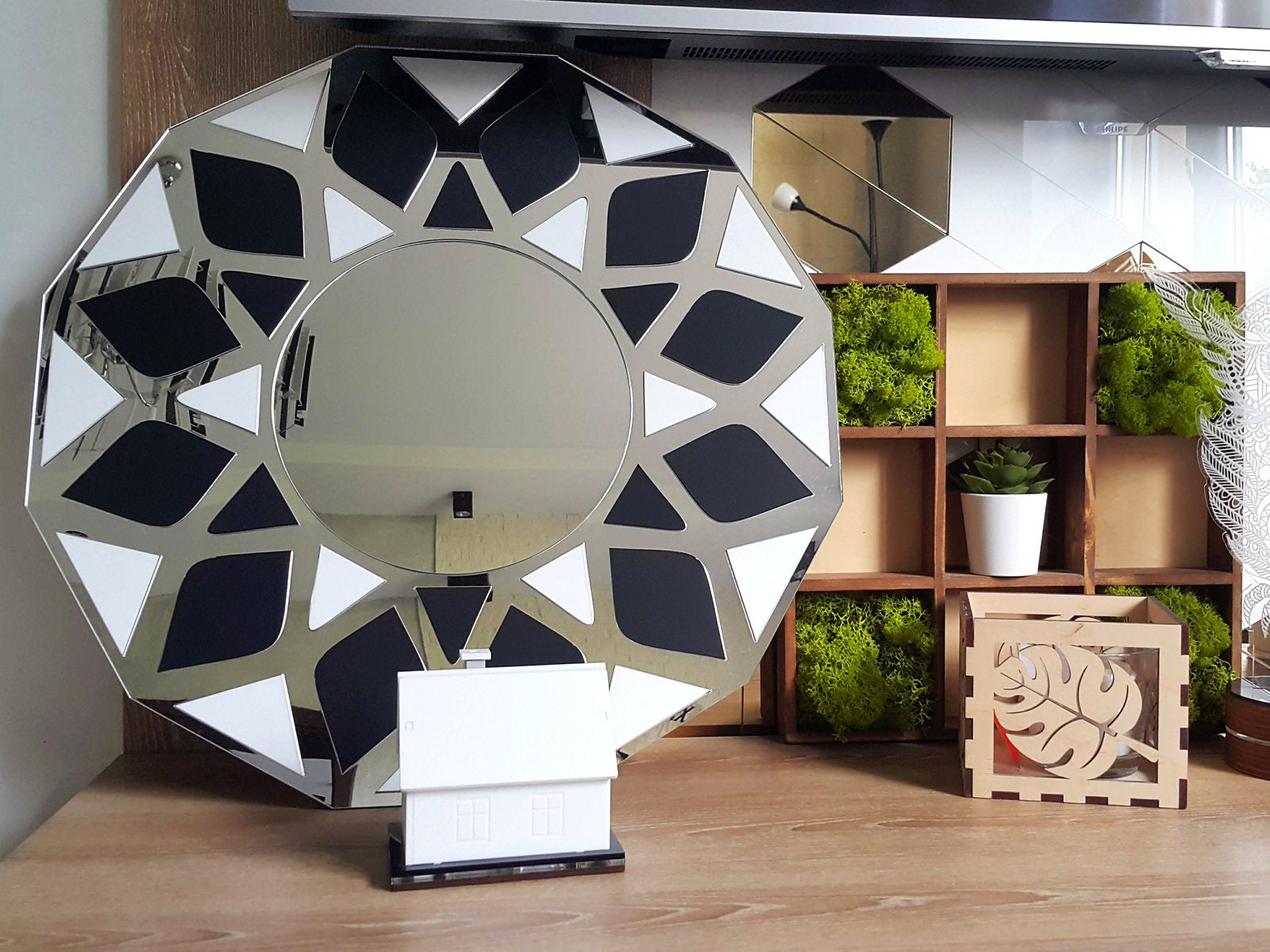 Large Geometric Mirror Wall Mirror White and Black LOTUS Mirror