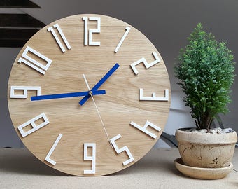 Large Wood Wall clock, OAK,  13,19inch, gift,  Unique wall clock, Blue clock, Modern wall clock, Silent, wall decor,