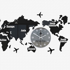Grande horloge murale World Map, Horloge noire silencieuse avec des nombres, Horloge moderne 110cm x 55cm / 43,31 » x 21.65 » , Horloge de société avec logo