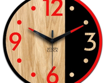 Modern Wooden Wall Clock – Unique Red & Black Design, Silent Quartz Movement, Stylish Home- Office Decor, Red clock