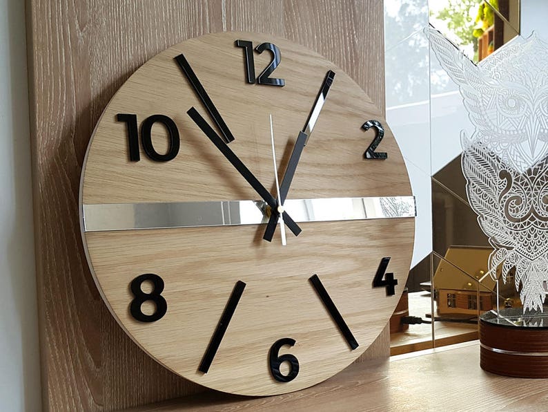 Wall Clock Wood clock large wall clock gift wall decor Unique wall OAK clocks Mirror Black image 1