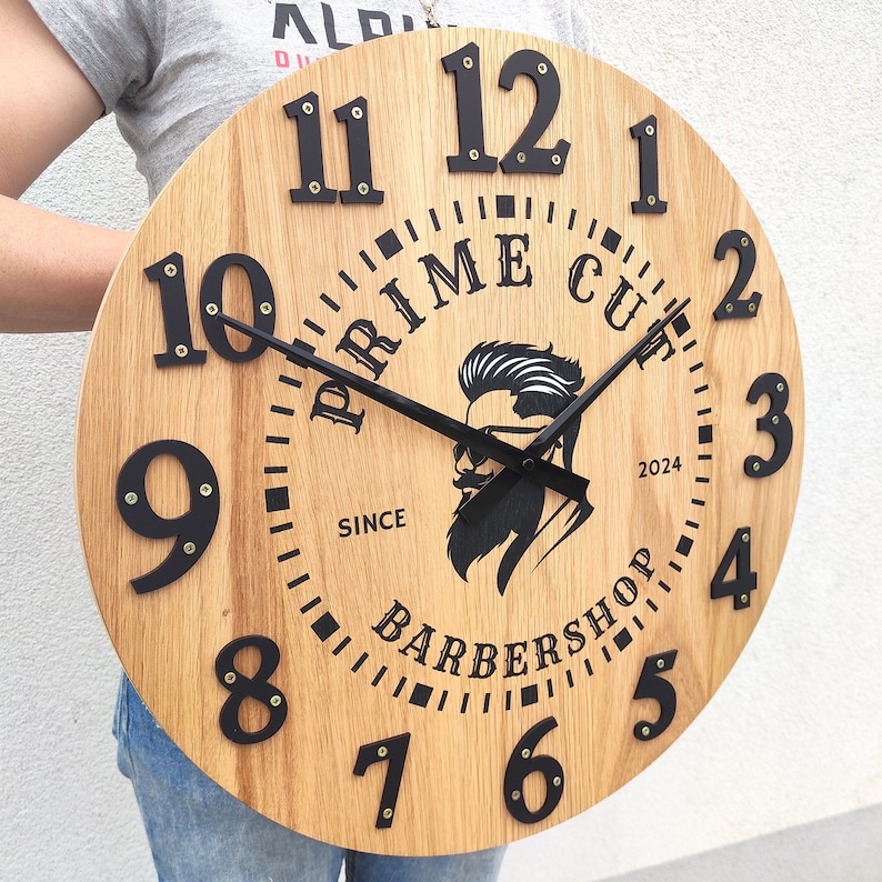 Barbershop Wall Clock With Logo. Barber, Oak Wood Clock, Clock ...