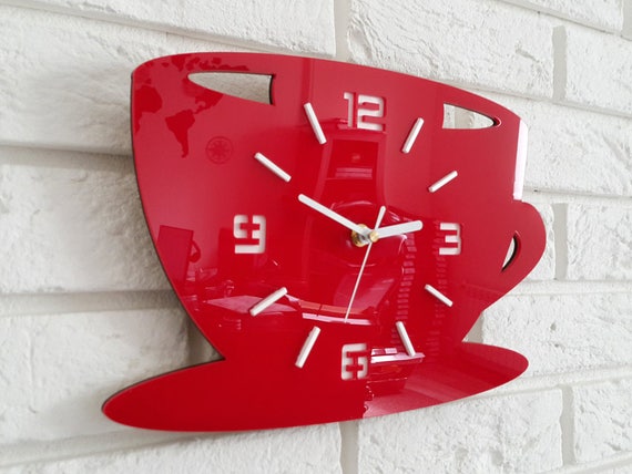 Grande orologio da parete, orologio moderno, orologio da parete, orologio  da cucina, ROSSO, Coffe Time 3d -  Italia