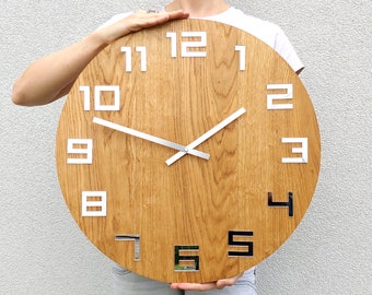 Große Wanduhr, Rustikale EICHE Wanduhr, Naturholz, Spiegelzahlen, Holz Wanduhr, Holzuhr 19" Zoll,