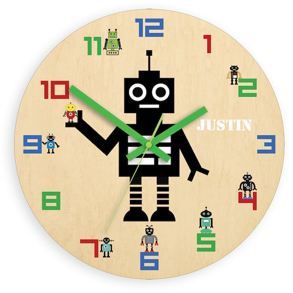 Children wall clock - robot with personalizen name, clock with numbers, gift, funny clock, kids clock, boy clock